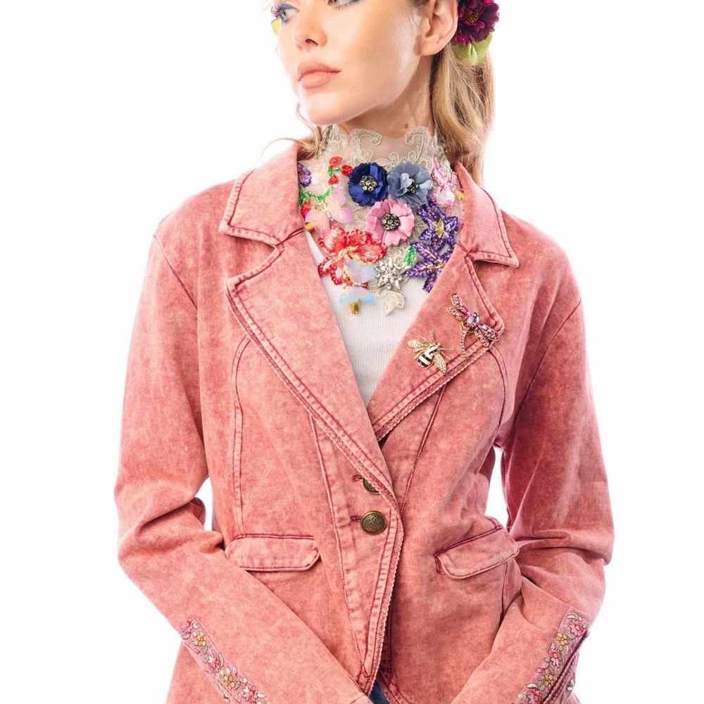 NWT Aratta Dusty Pink Mauve Colonel Jacket top Blazer with Bee Pin Brooch